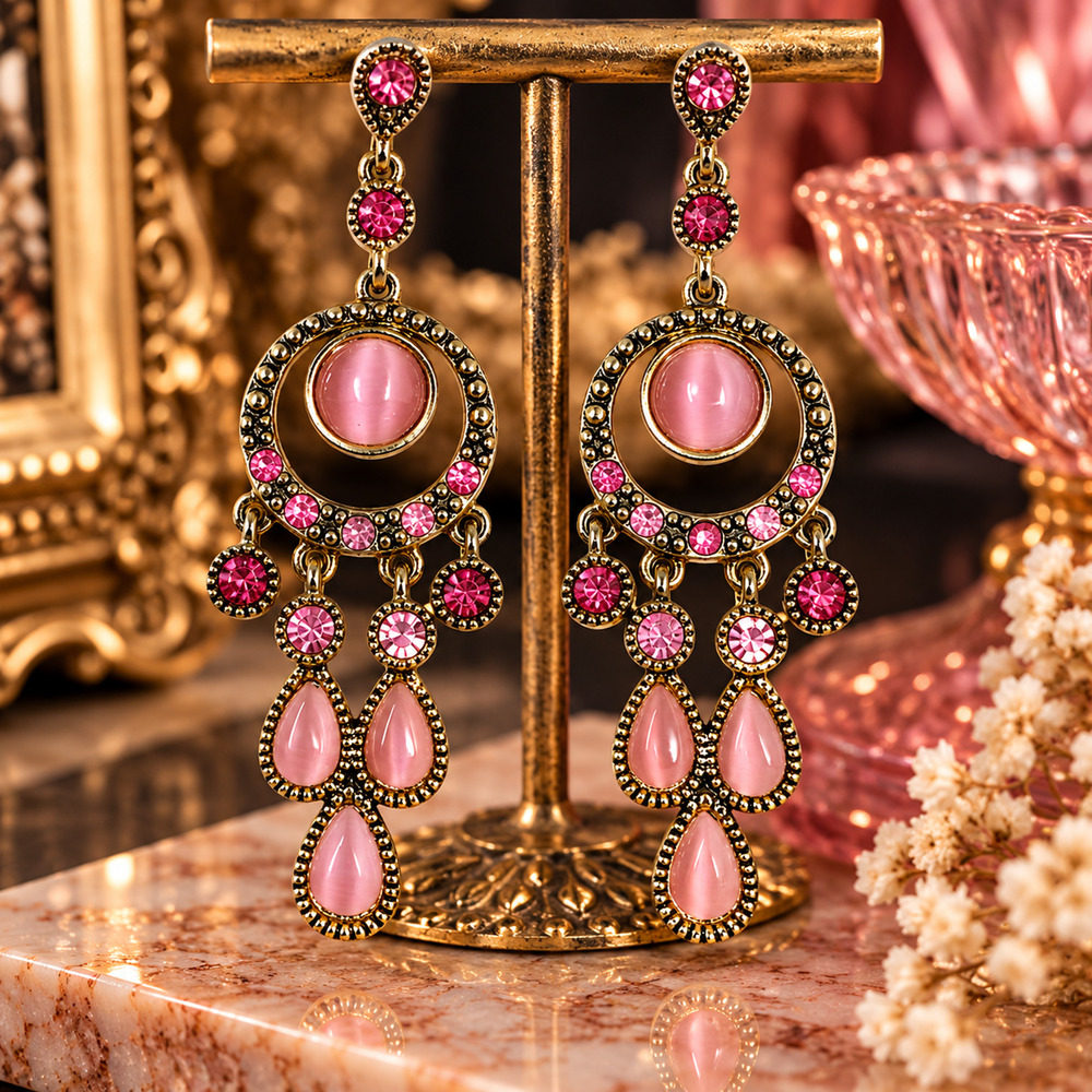Y2K Pink Cat Eye Rhinestone Chandelier Earrings Gold Tone Dangle Pierced 2"